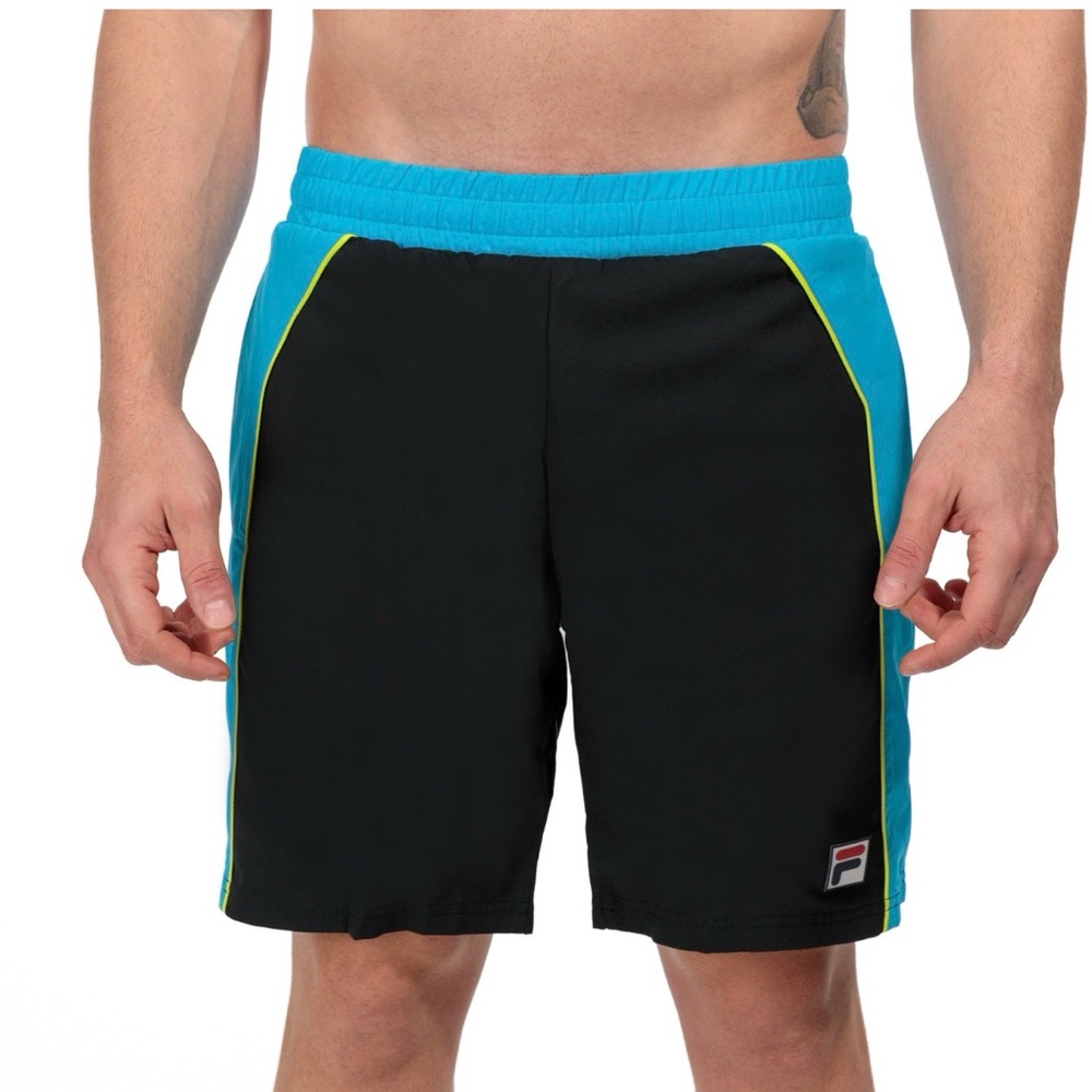 Fila Men's Backspin Tennis
Color Block Shorts in Black and Hawaiian Blue